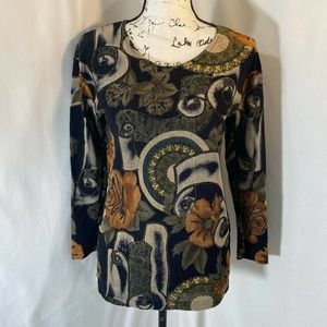 Fashque Woman's Scooped Neck Long Sleeve Floral Patterned Blouse Sz M